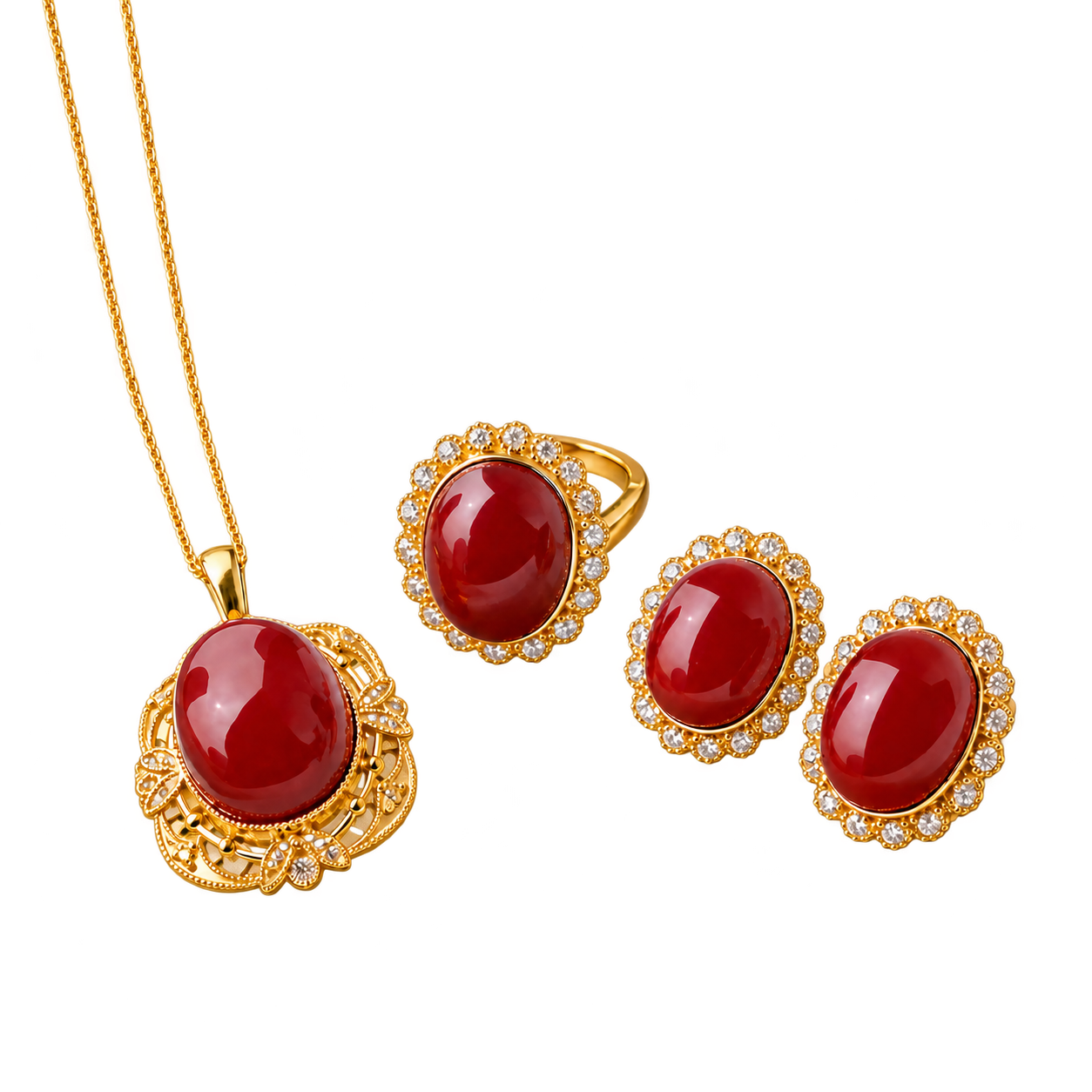 Four red agate pieces: a pendant, a ring and two earrings